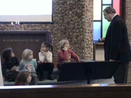 Pastor Lamm talks with our little saints during Children's Moment